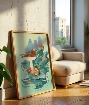 Whimsical illustration with girl, lychee, and lotus flowers