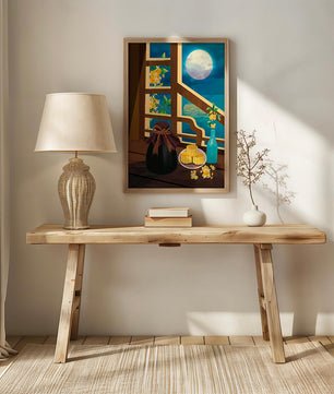 Noche iluminada por la luna con pasteles de luna y decoración floral sobre una mesa de madera