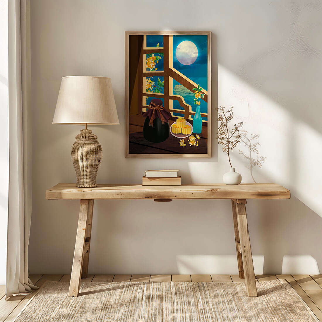 Noche iluminada por la luna con pasteles de luna y decoración floral sobre una mesa de madera