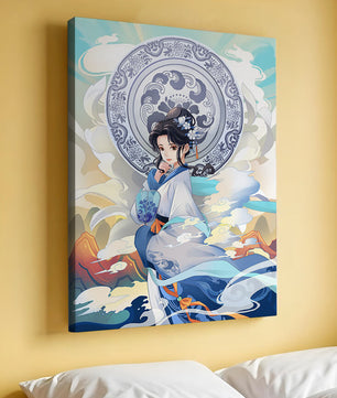 Elegantly Dressed Woman with Traditional Chinese Backdrop