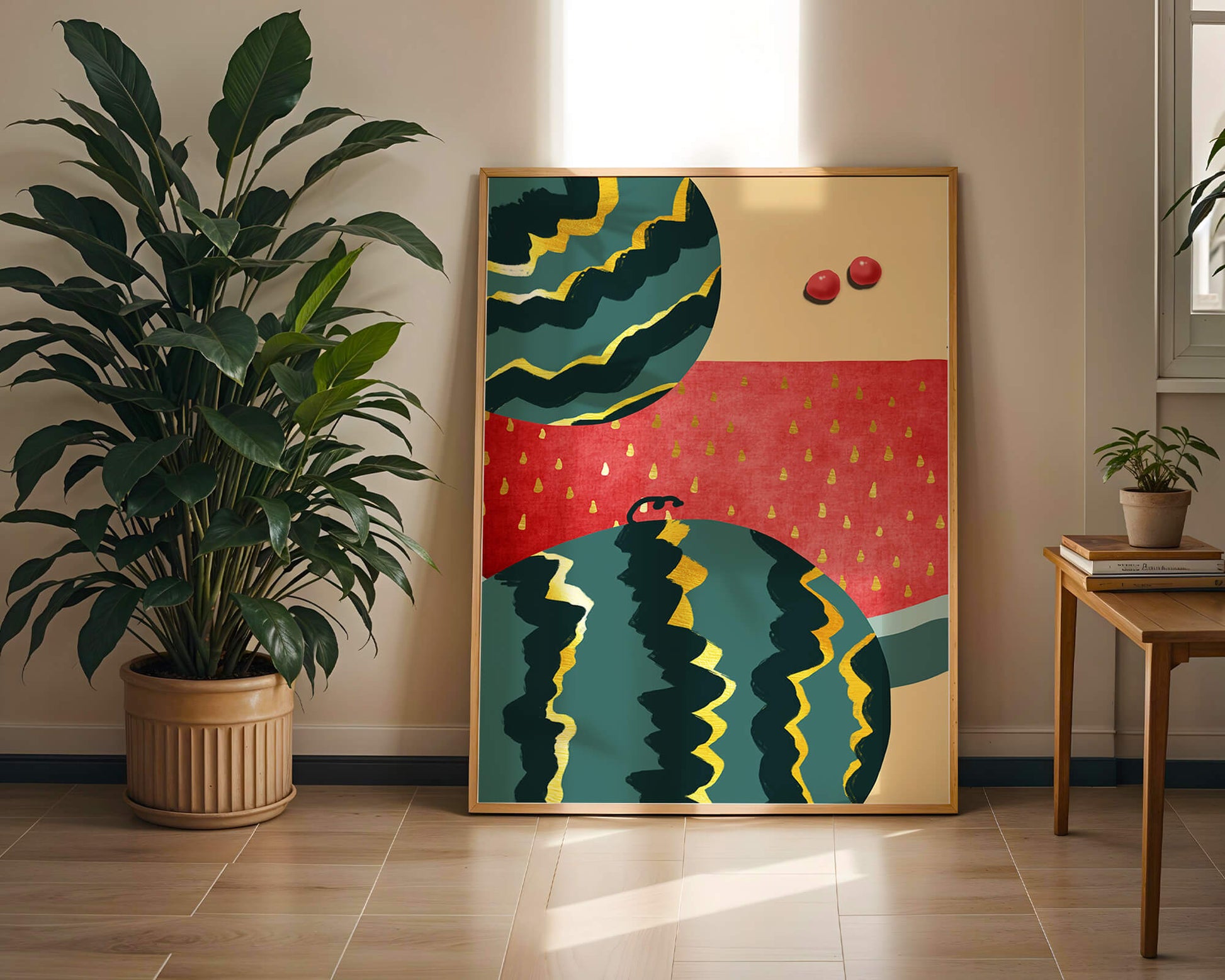 Arte abstracto vibrante de sandía con reflejos dorados