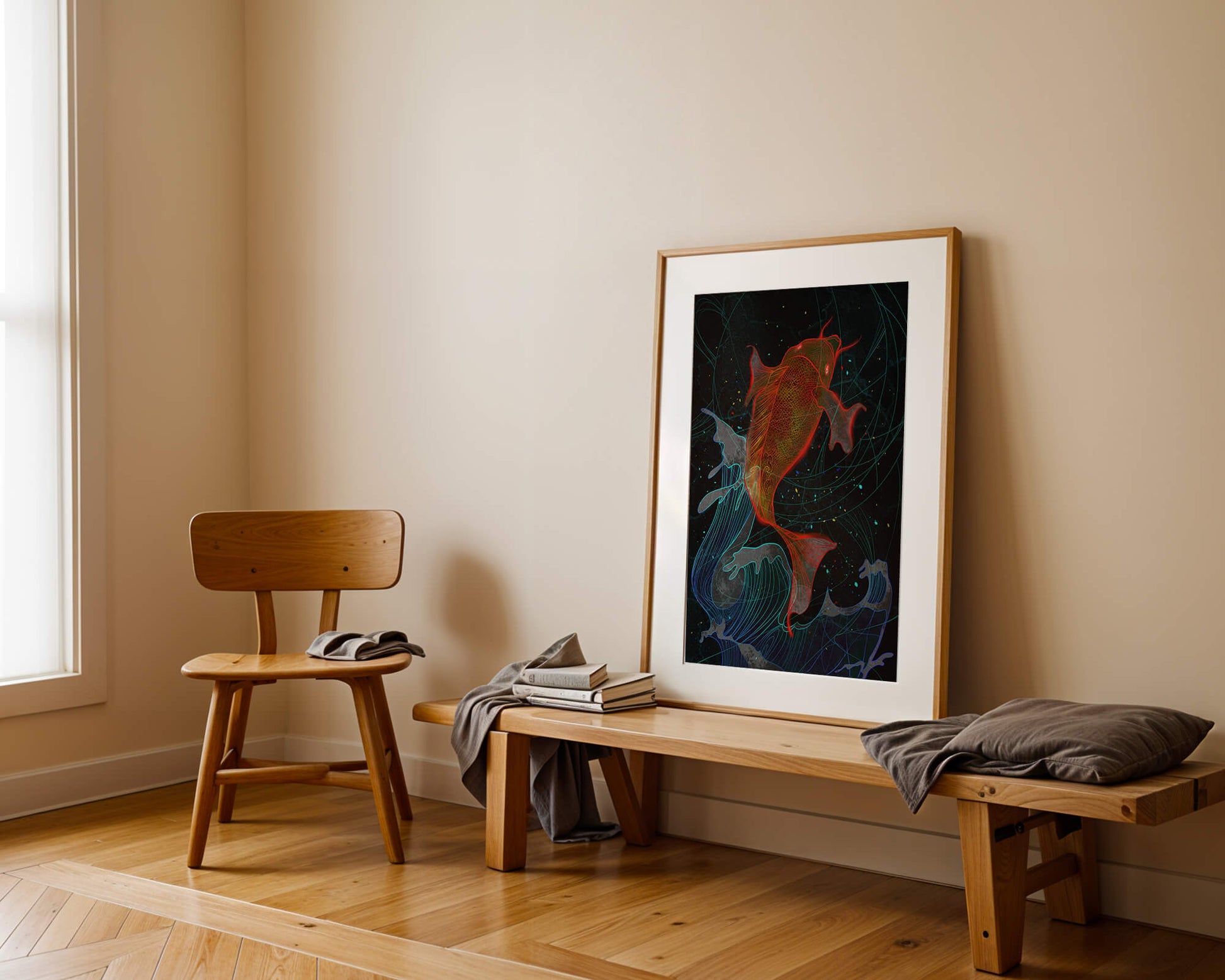 Koi Fish with Abstract Waves in Vibrant Colors