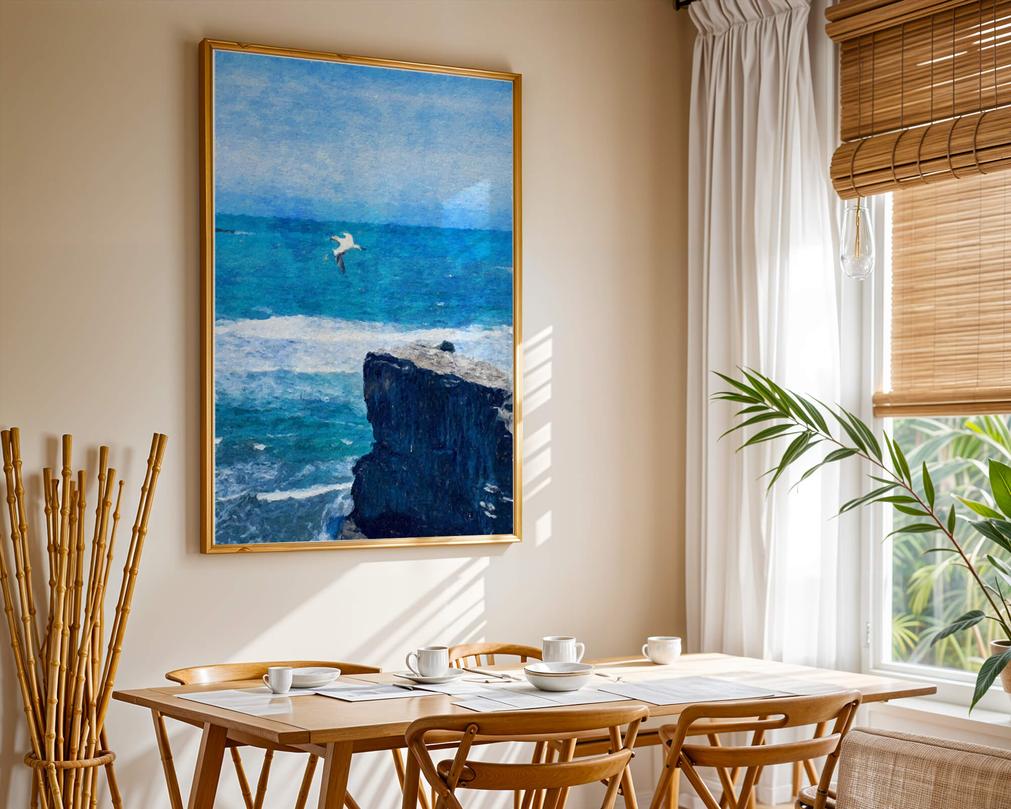 Seascape with soaring seagull over rocky cliff and ocean waves