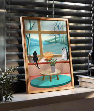 Cozy interior with a cat by the window and potted plants