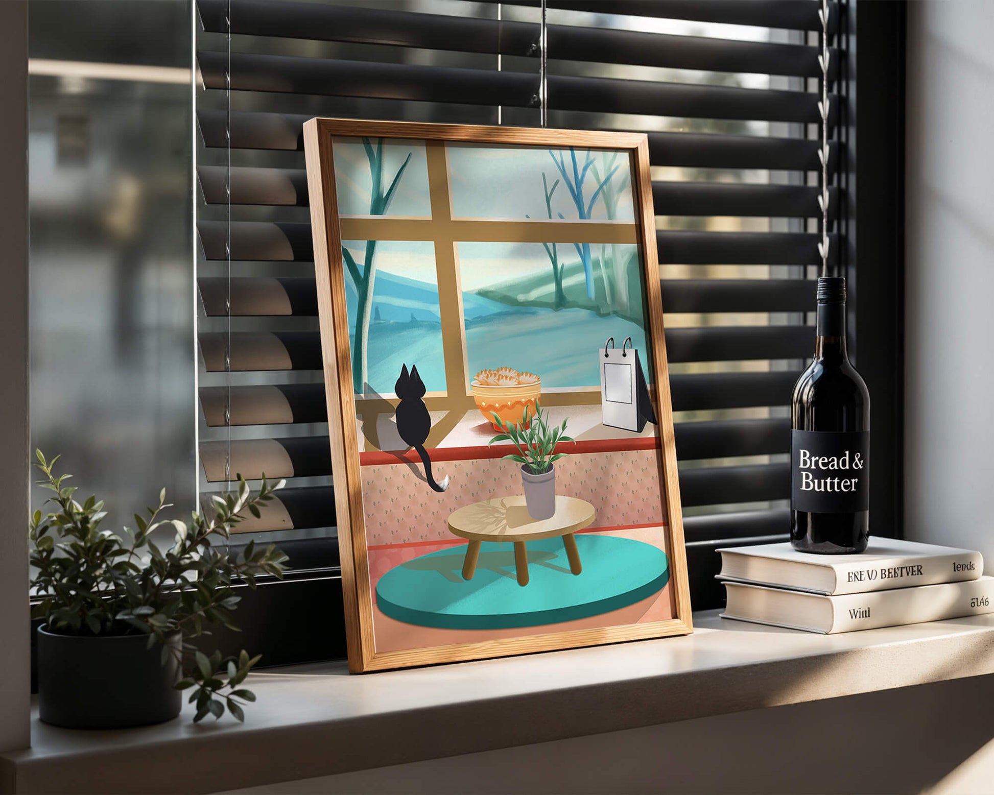 Cozy interior with a cat by the window and potted plants