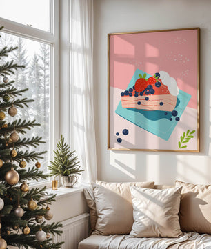 Bunte Dessertillustration mit Erdbeeren und Blaubeeren auf pastellfarbenem Hintergrund