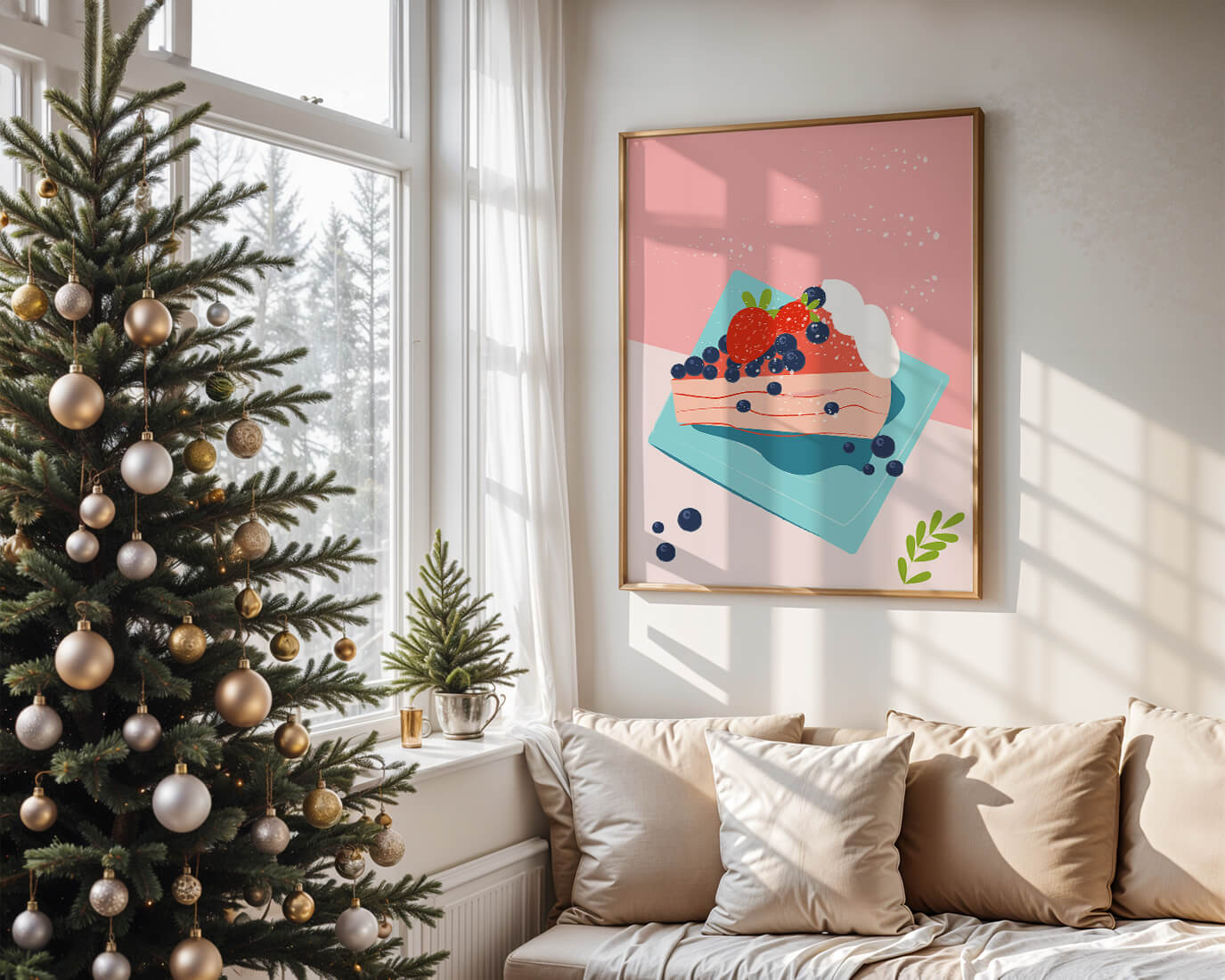 Bunte Dessertillustration mit Erdbeeren und Blaubeeren auf pastellfarbenem Hintergrund