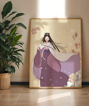 Elegant Woman in Traditional Garment with Snowflakes and Branches