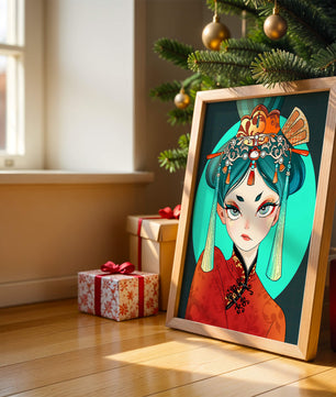 Elegant illustration of a woman in traditional attire with intricate headpiece