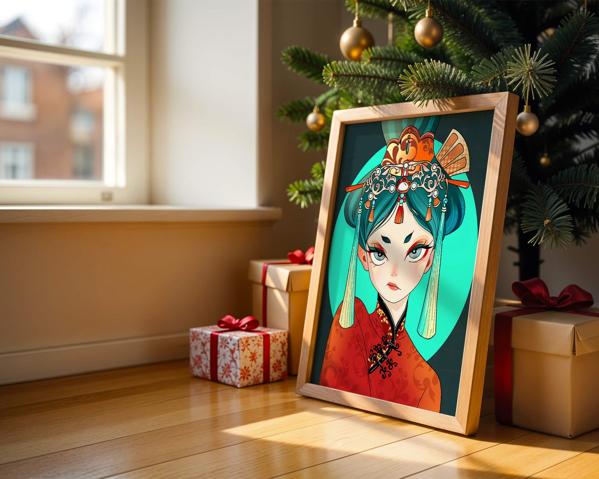 Elegant illustration of a woman in traditional attire with intricate headpiece