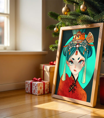 Elegant illustration of a woman in traditional attire with intricate headpiece