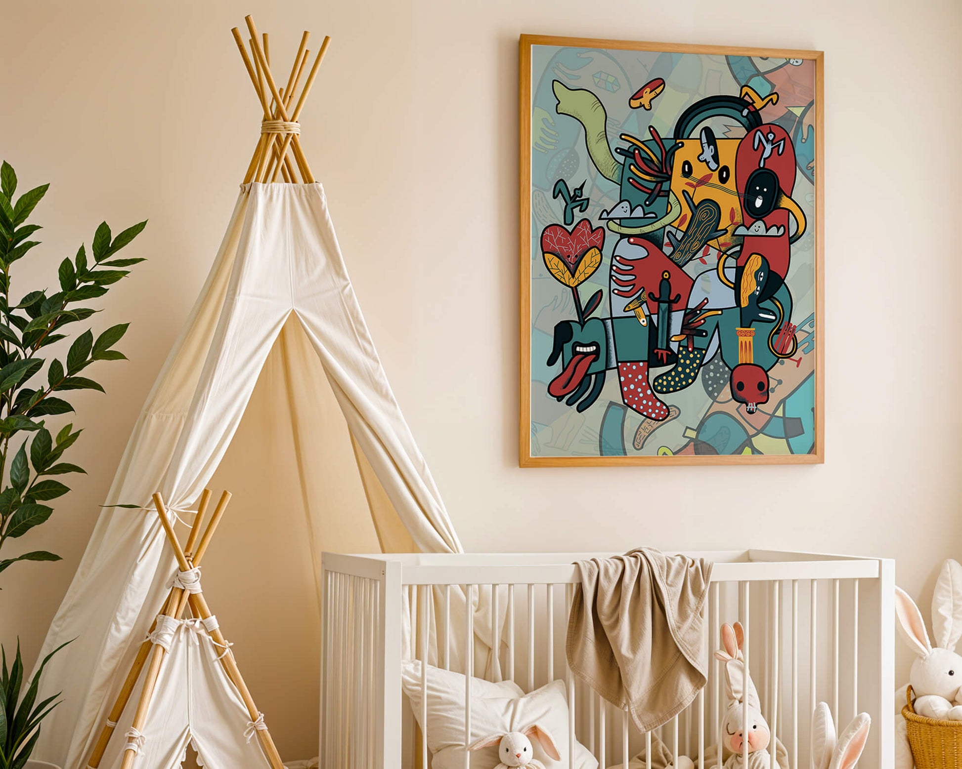 Composición artística surrealista abstracta con colores vibrantes