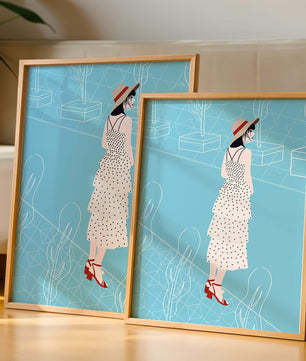 Stylish woman in polka dot dress with hat in modern abstract scene