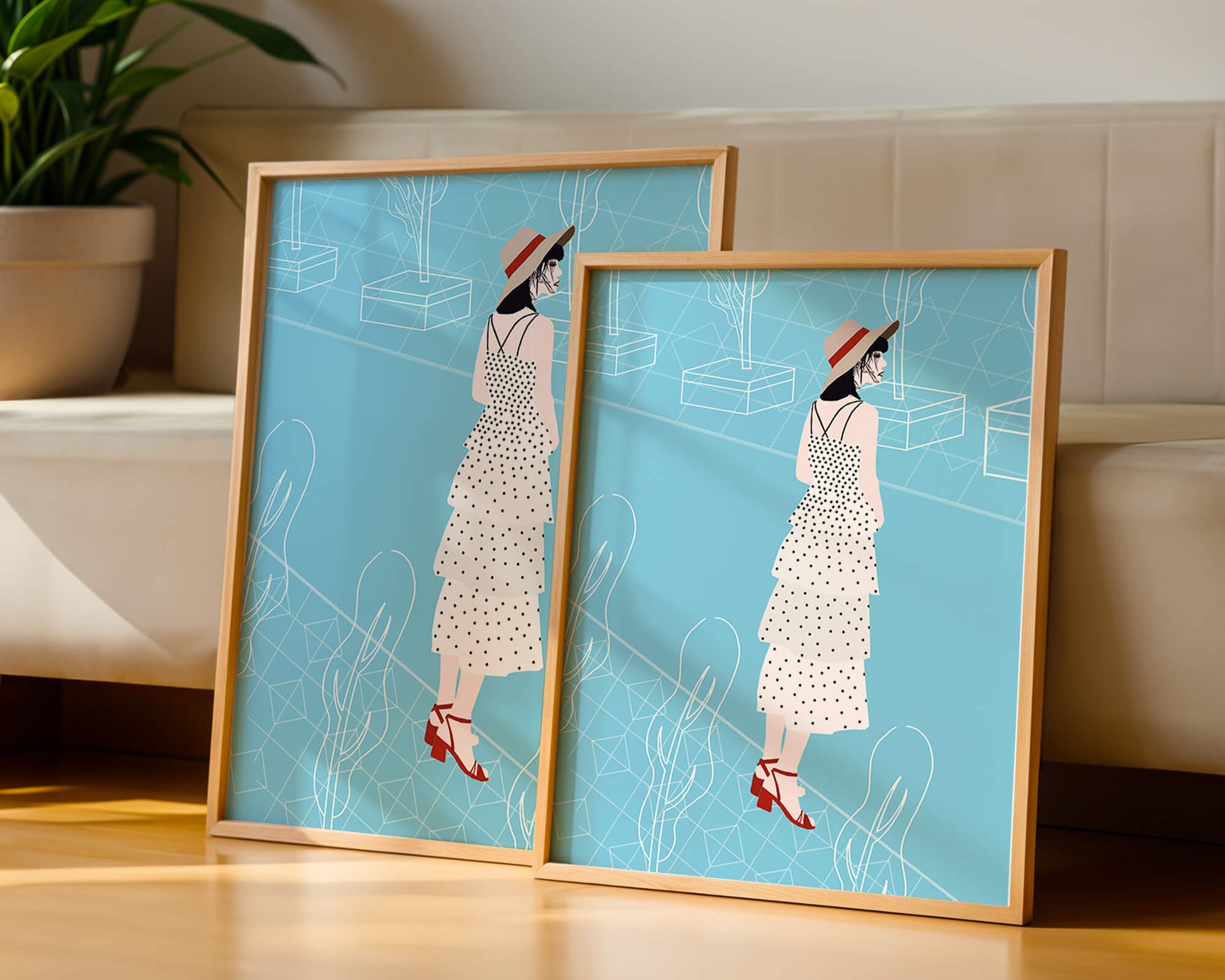 Stylish woman in polka dot dress with hat in modern abstract scene