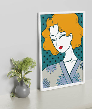 Retrato estilizado de una mujer con cabello naranja y kimono floral