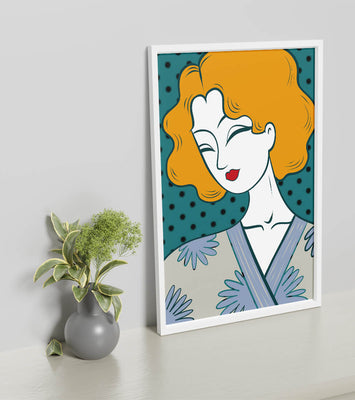 Stylized portrait of a woman with orange hair and floral kimono