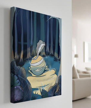 A serene fantasy forest scene with mystical elements at night