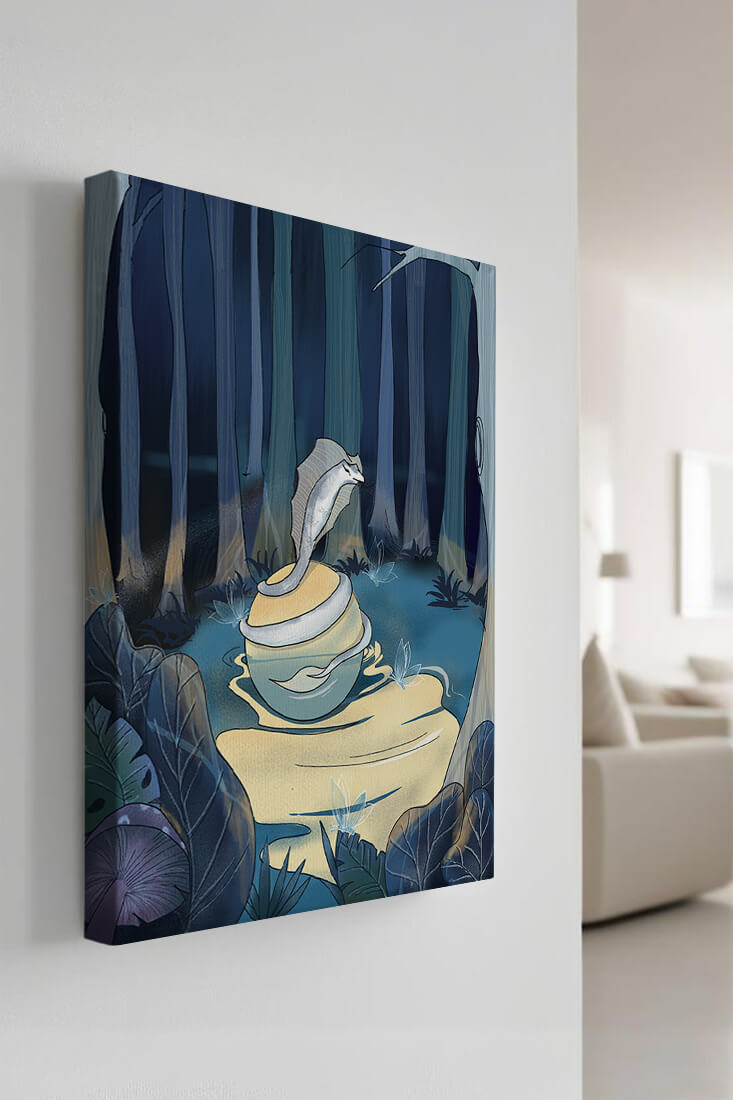 A serene fantasy forest scene with mystical elements at night