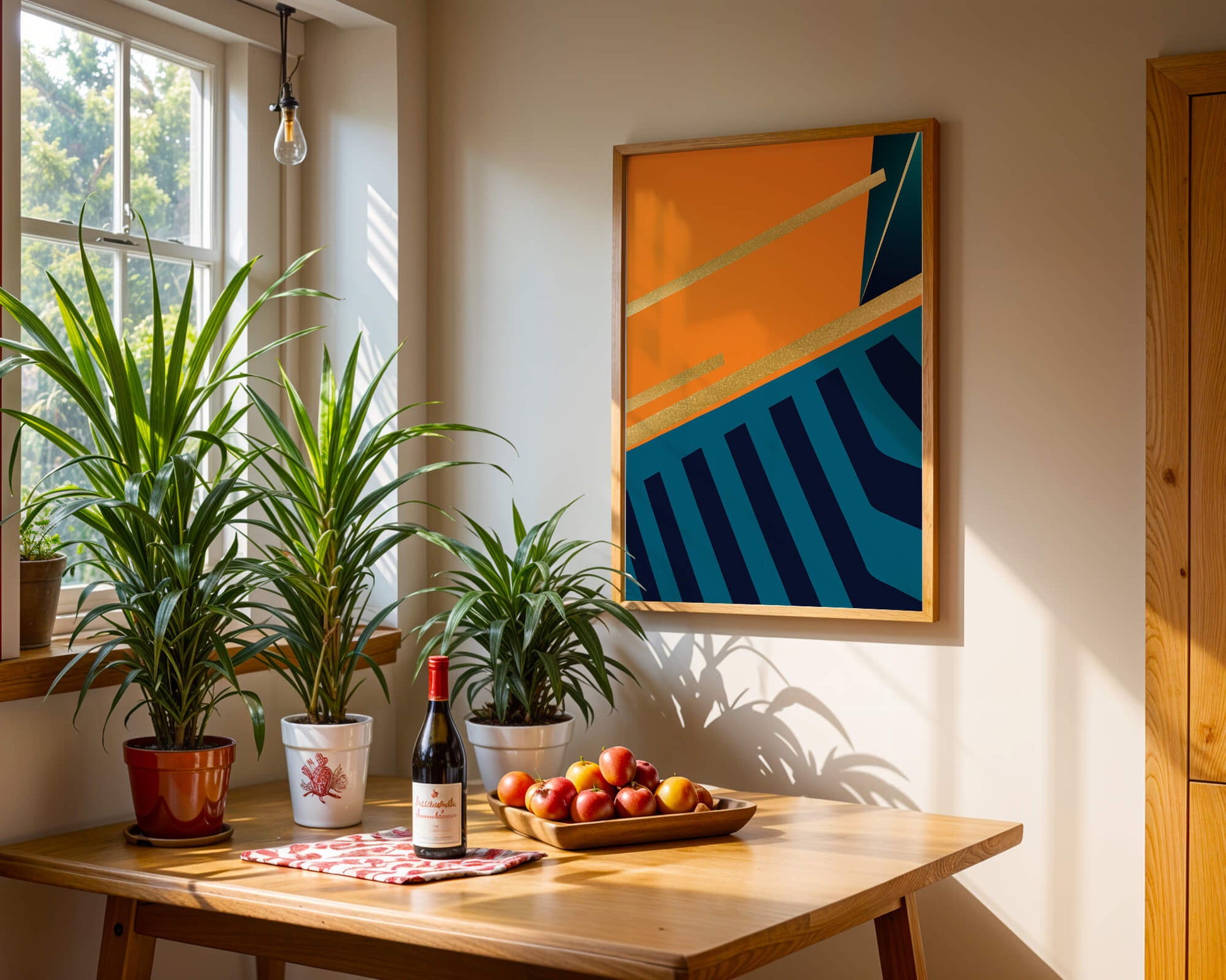 Moderne geometrische Abstraktion mit goldenen Elementen und kräftigen Farben 