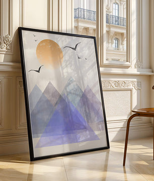 Abstract Mountain Landscape with Geometric Elements and Soaring Birds