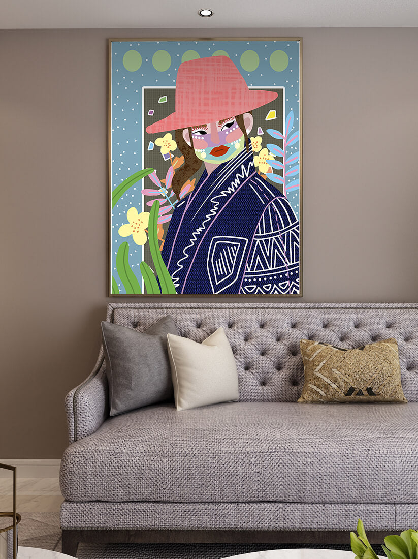 Retrato colorido con patrones y elementos abstractos