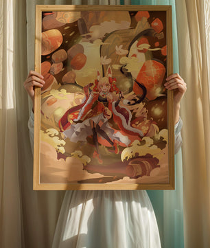Vibrant fantasy scene with animated character and whimsical creatures