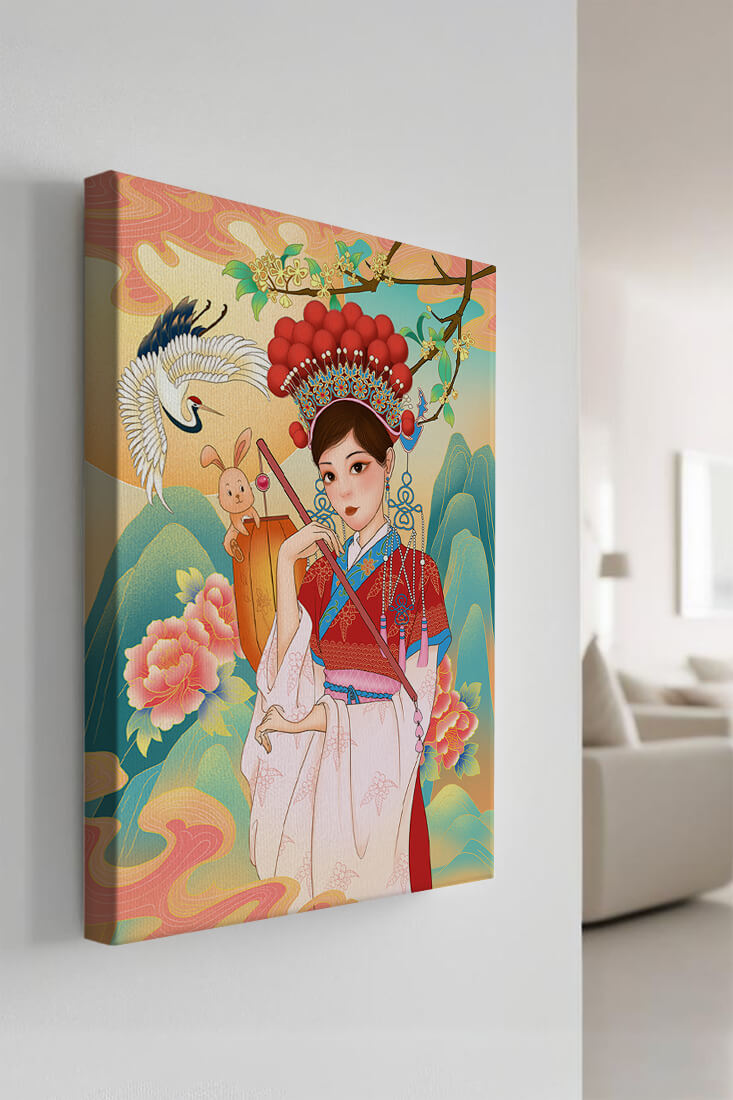 Elegant traditional Chinese illustration featuring a woman in vibrant attire with floral and animal motifs