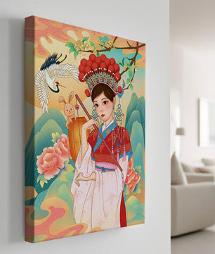 Elegante traditionelle chinesische Illustration mit einer Frau in lebendiger Kleidung mit Blumen- und Tiermotiven