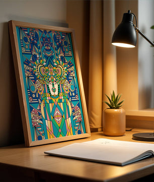 Diseño geométrico colorido de carnero con patrones simétricos