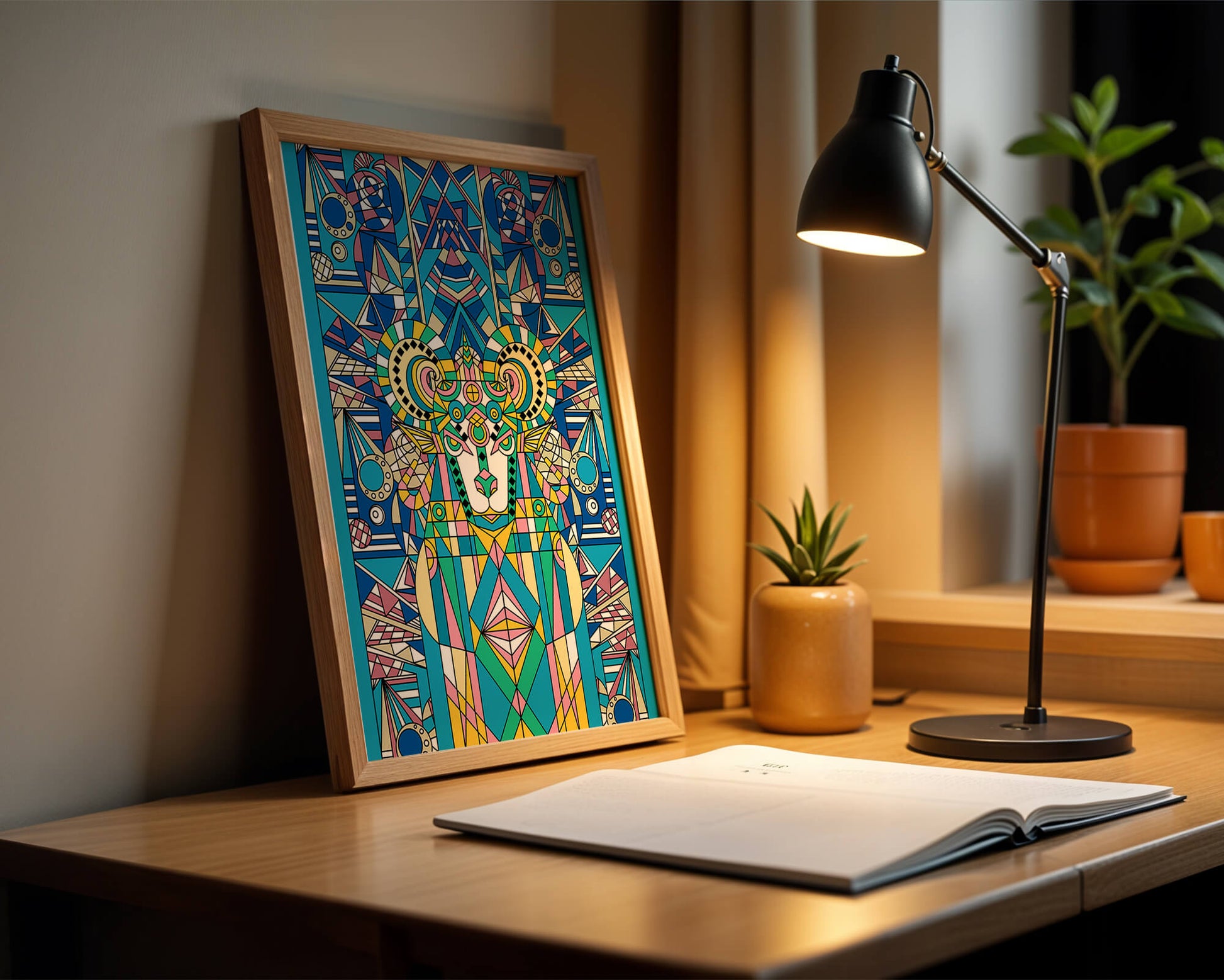 Diseño geométrico colorido de carnero con patrones simétricos