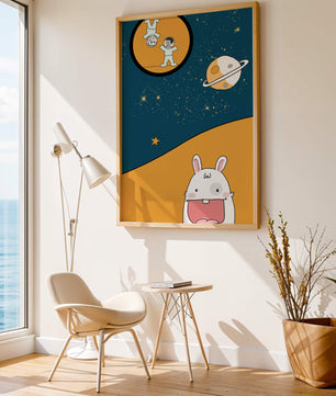 Playful Cartoon of Astronauts and Rabbit with Planet and Stars - Mi tienda