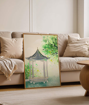 Serene garden pavilion amidst lush green trees and calm waters