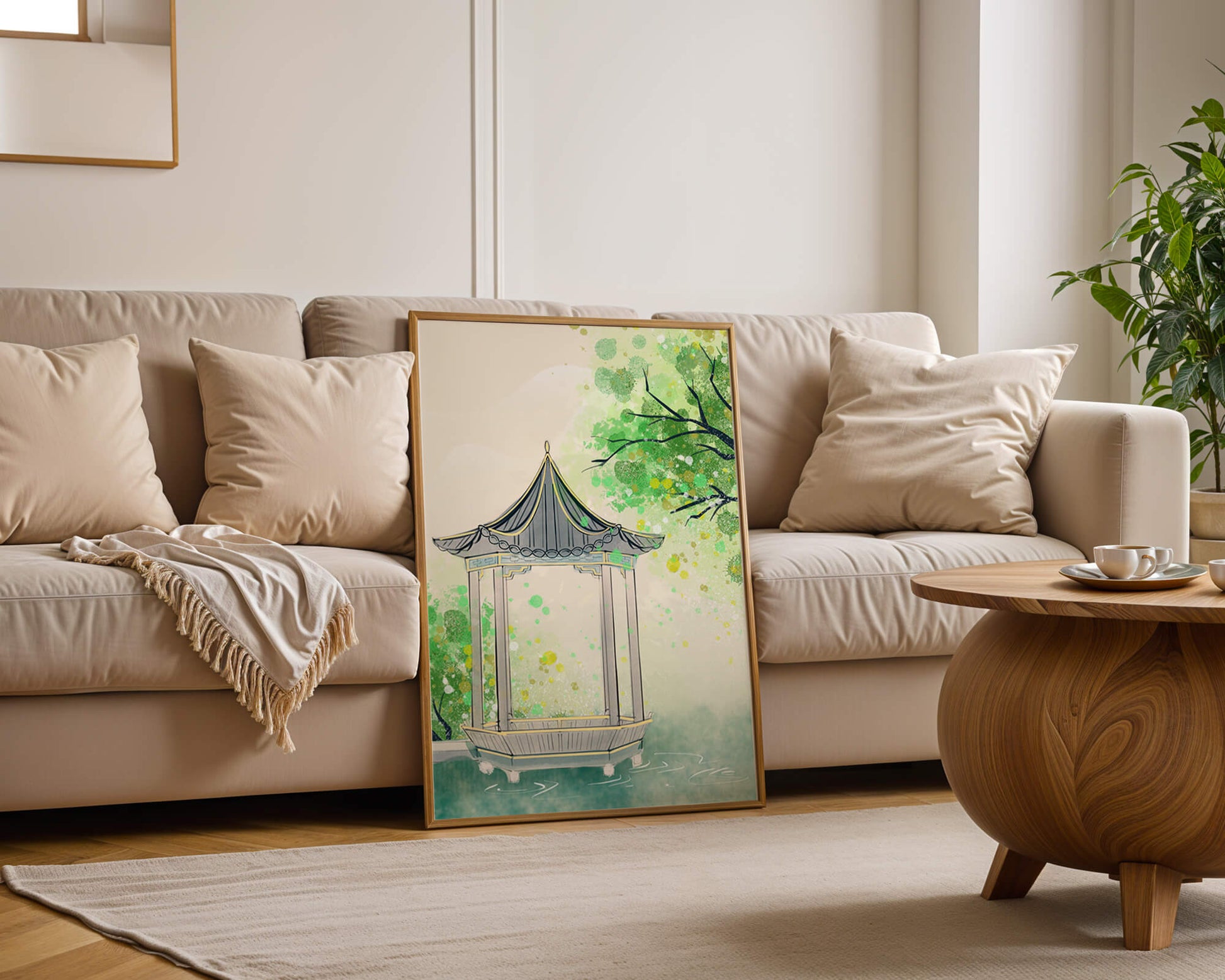 Serene garden pavilion amidst lush green trees and calm waters