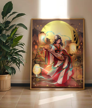 Traditional Asian woman playing musical instrument under moonlight
