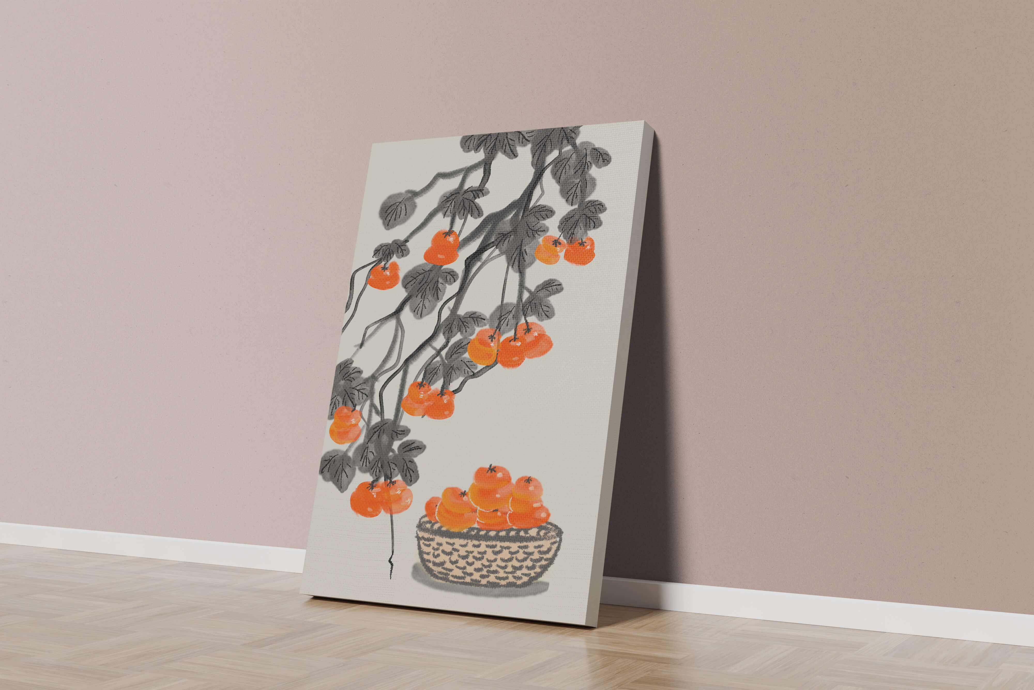 Artistic depiction of hanging persimmons with basket on watercolor canvas