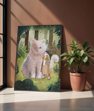 Verzauberter Wald mit einer riesigen Katze und einer Frau