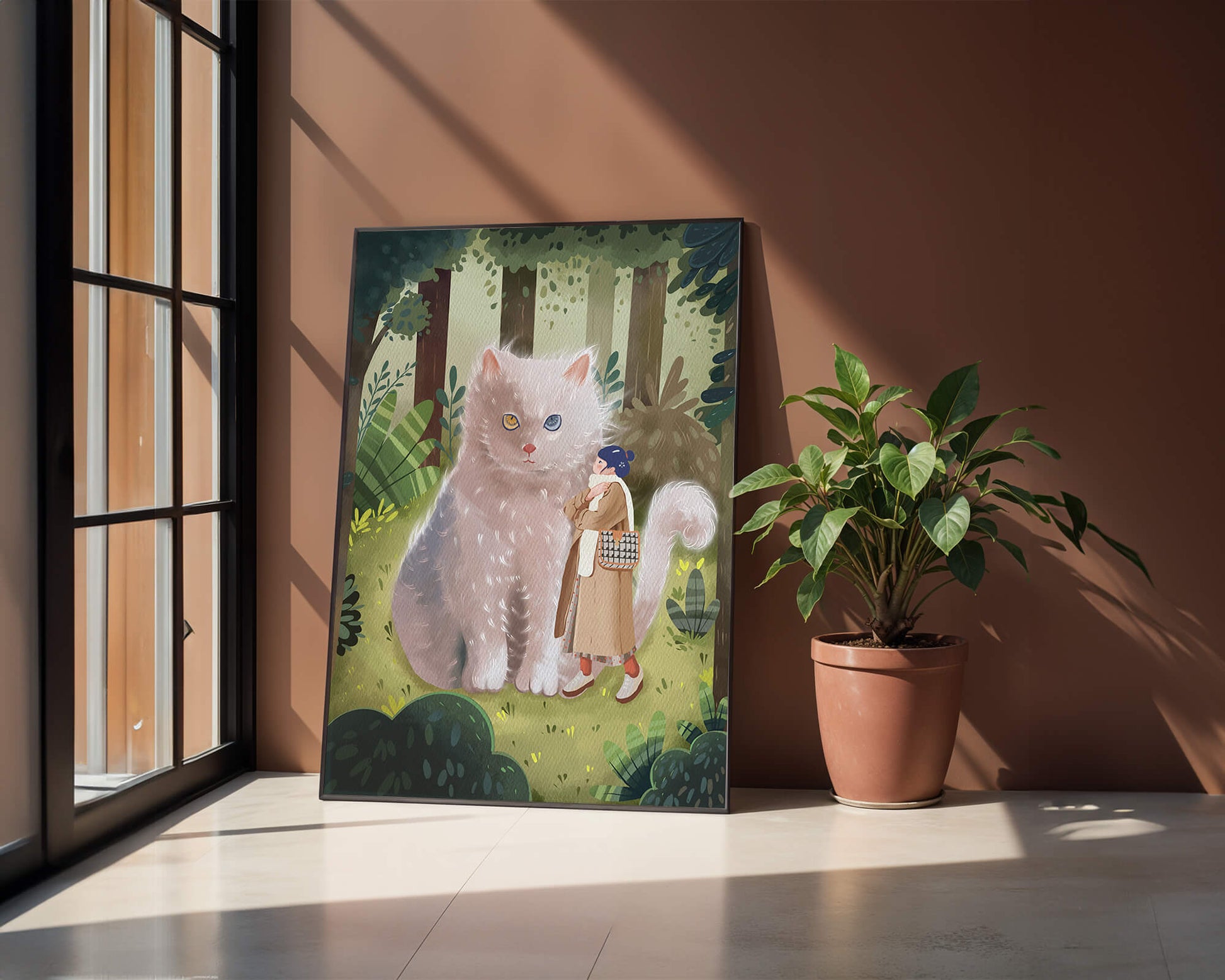 Verzauberter Wald mit einer riesigen Katze und einer Frau