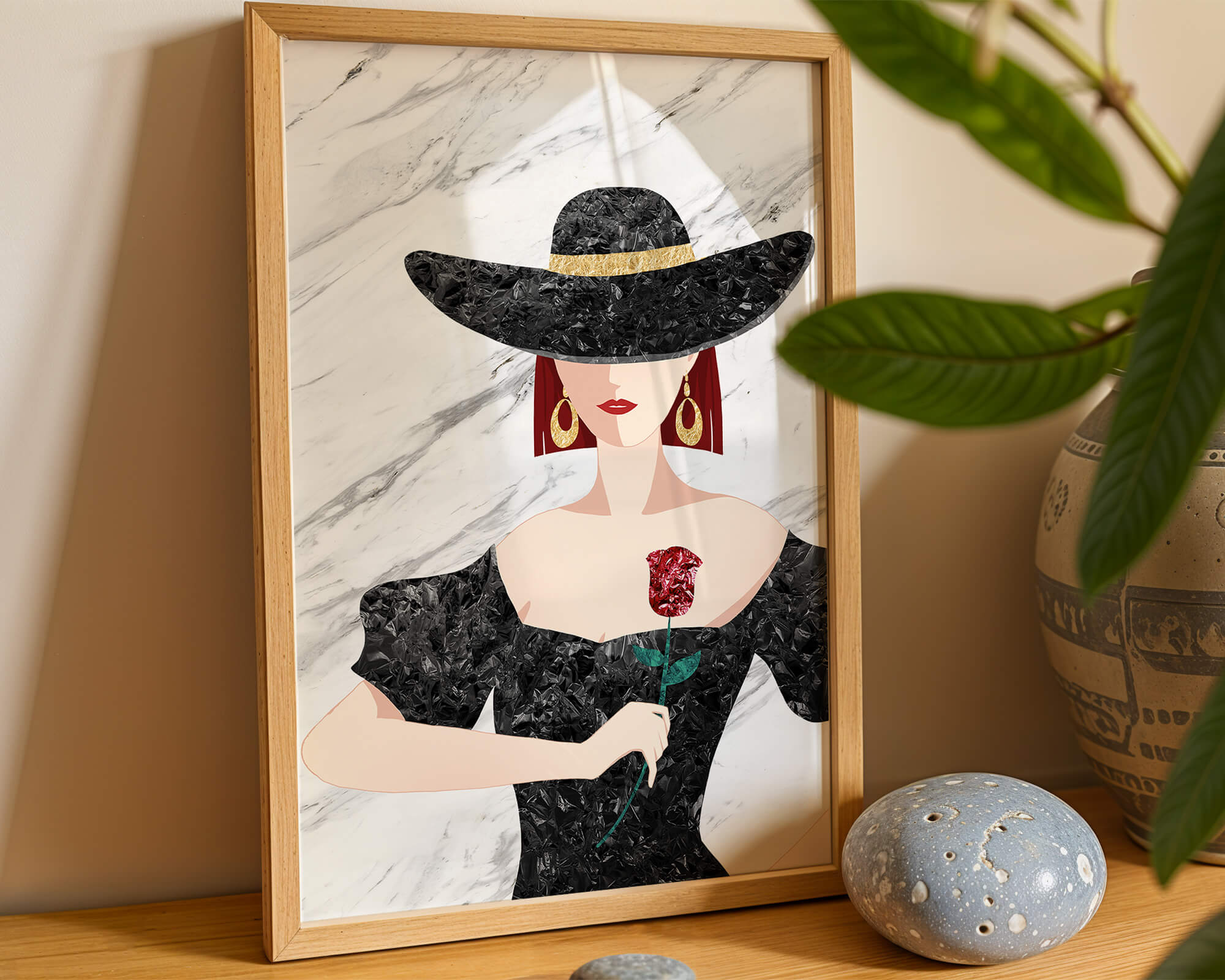 Elegant woman in wide-brimmed hat holding a rose on marble background