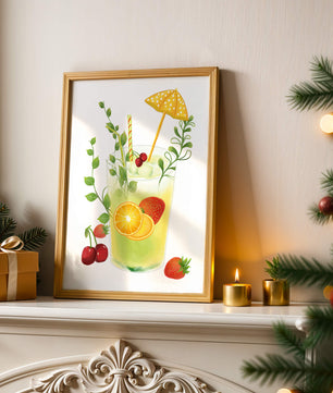Refreshing summer drink illustration with fruits and greenery