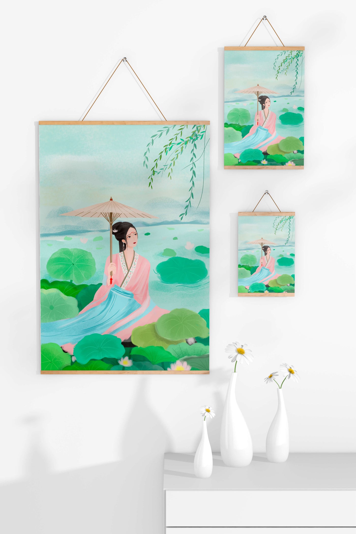 Elegant woman in traditional attire with umbrella surrounded by lotus leaves