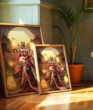 Elegant musician with traditional attire under lanterns and mountains