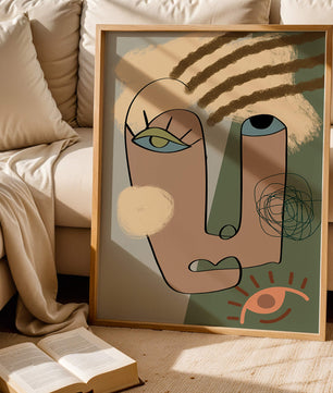 Retrato abstracto con formas geométricas y tonos terrosos
