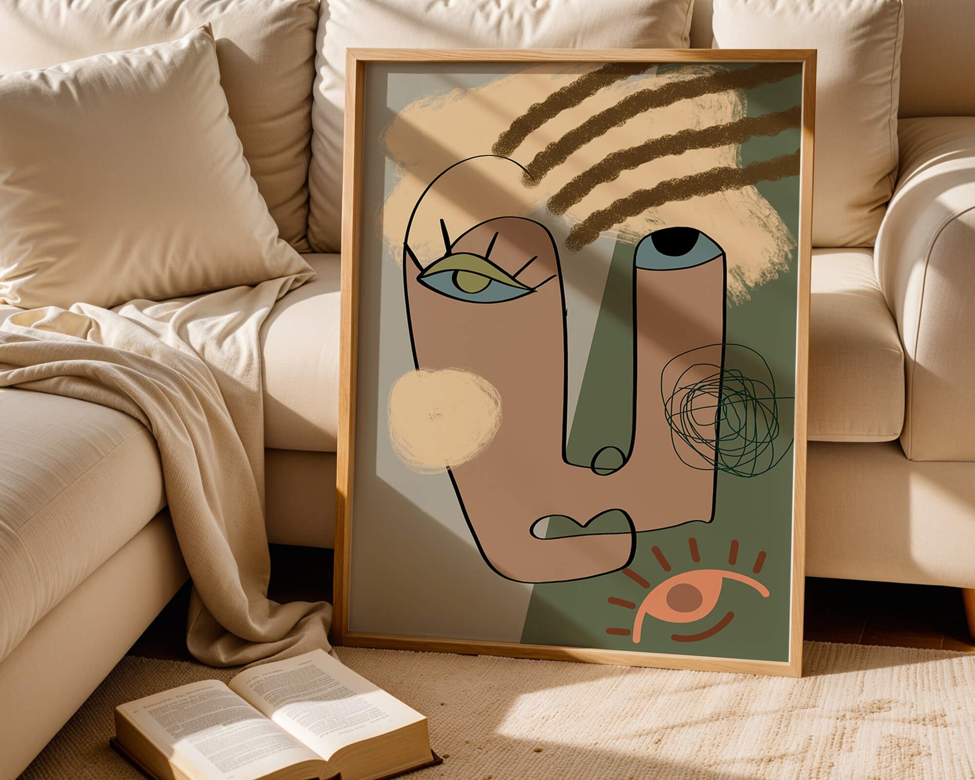 Retrato abstracto con formas geométricas y tonos terrosos.