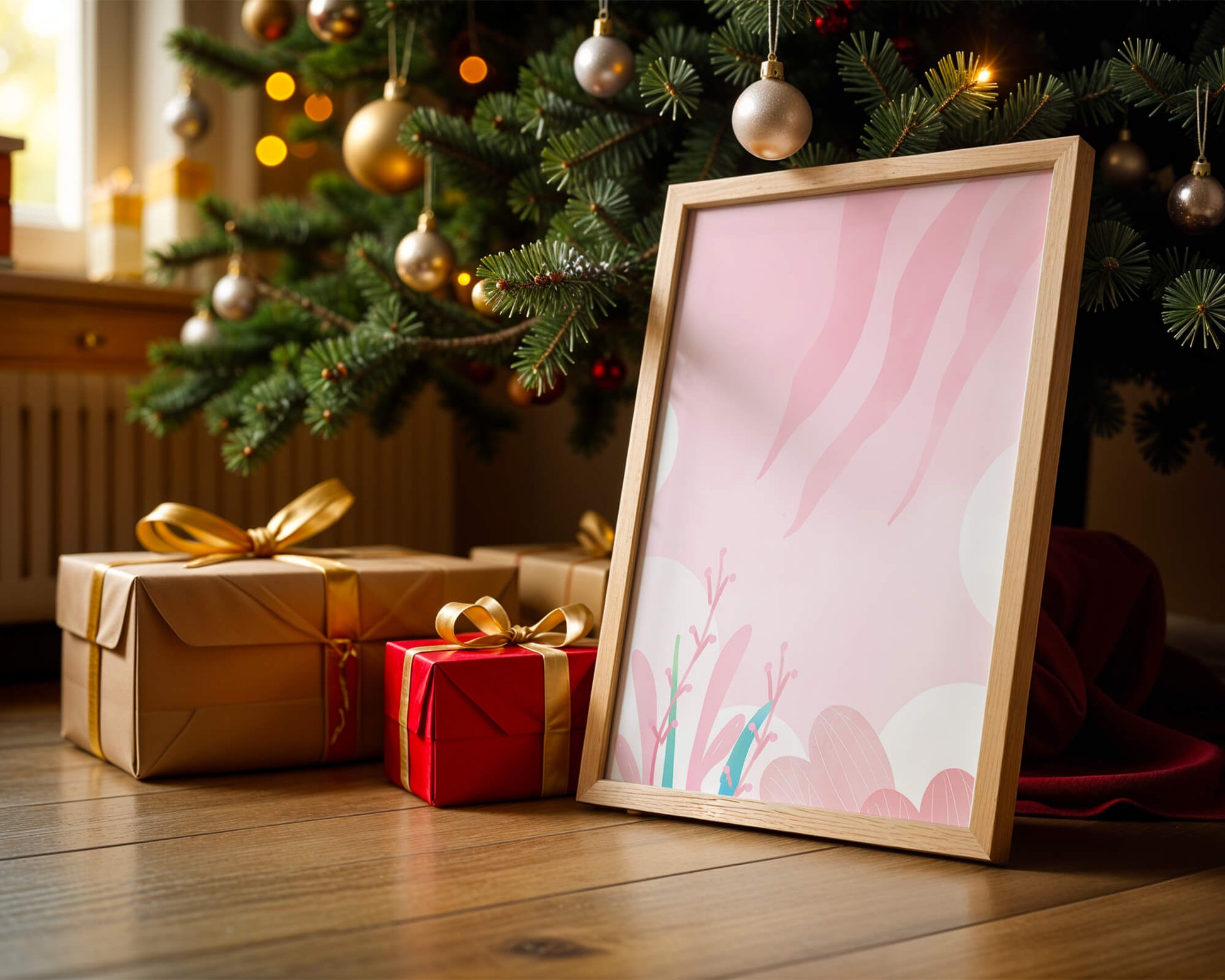Soft Pink Abstract Floral Design with Stylized Leaves and Waves