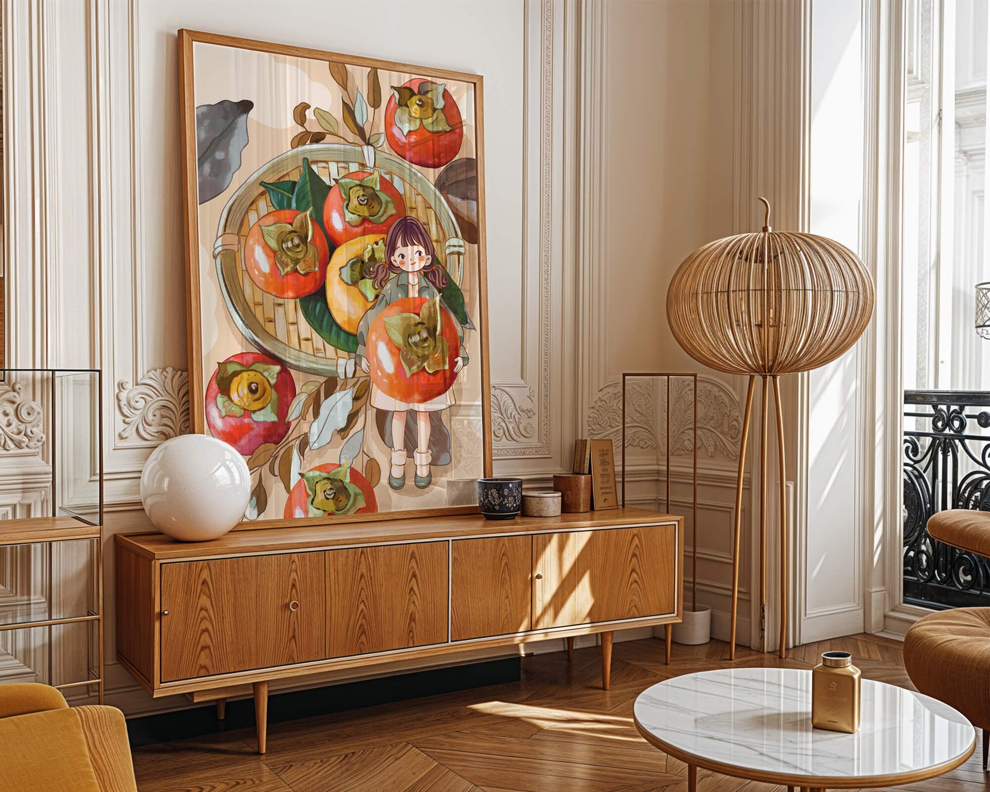 Joven sosteniendo un dátil en una escena de cosecha caprichosa