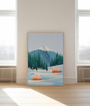 Winter Mountain Landscape with Snowy Cabins and Forest - Mi tienda