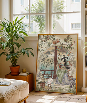 Peaceful Garden Scene with Girl and Rabbit