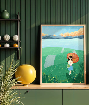 Girl with Umbrella in Rainy Meadow