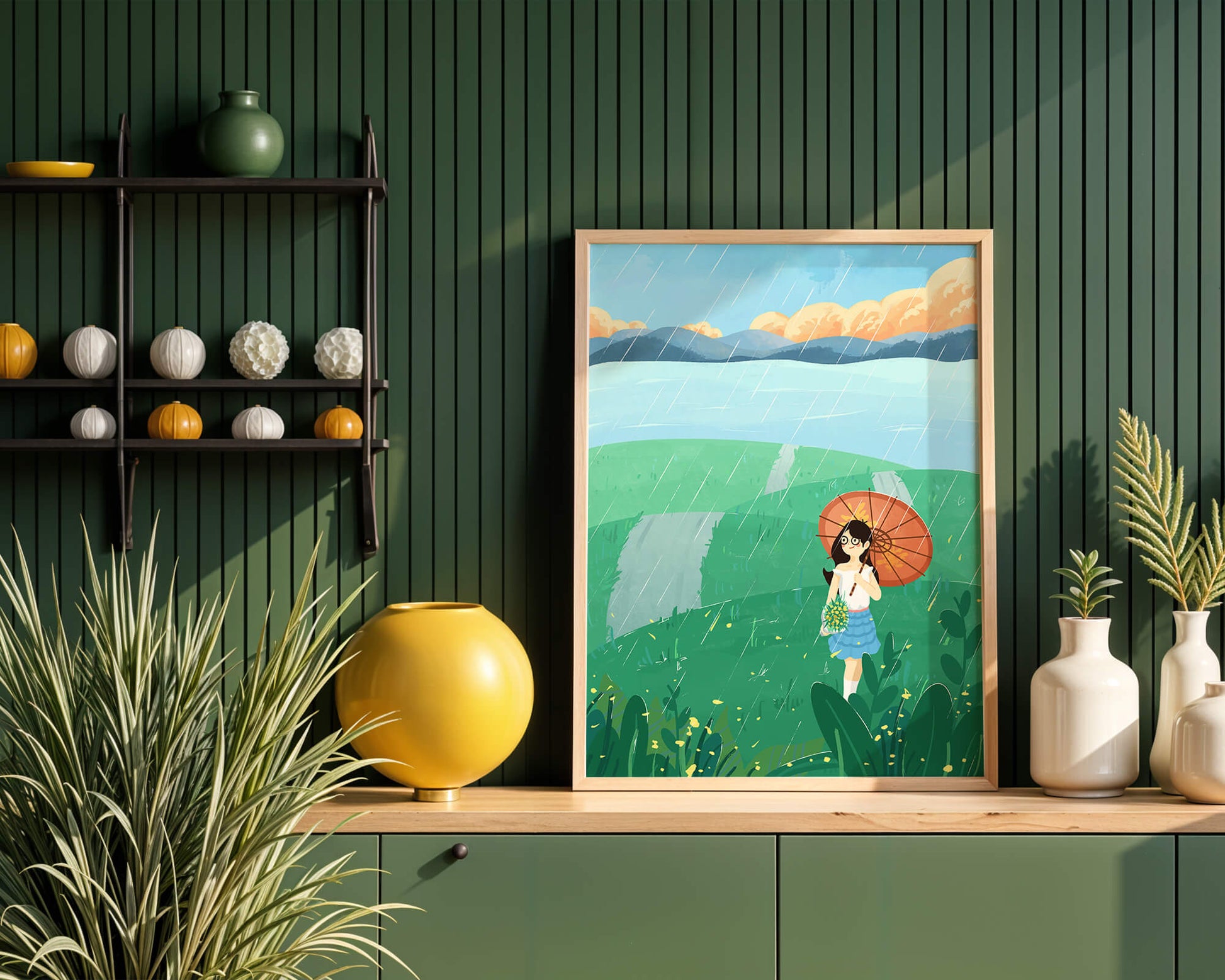 Girl with Umbrella in Rainy Meadow