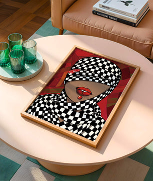 Abstract Art of Woman with Checkered Pattern and Red Lips - Mi tienda